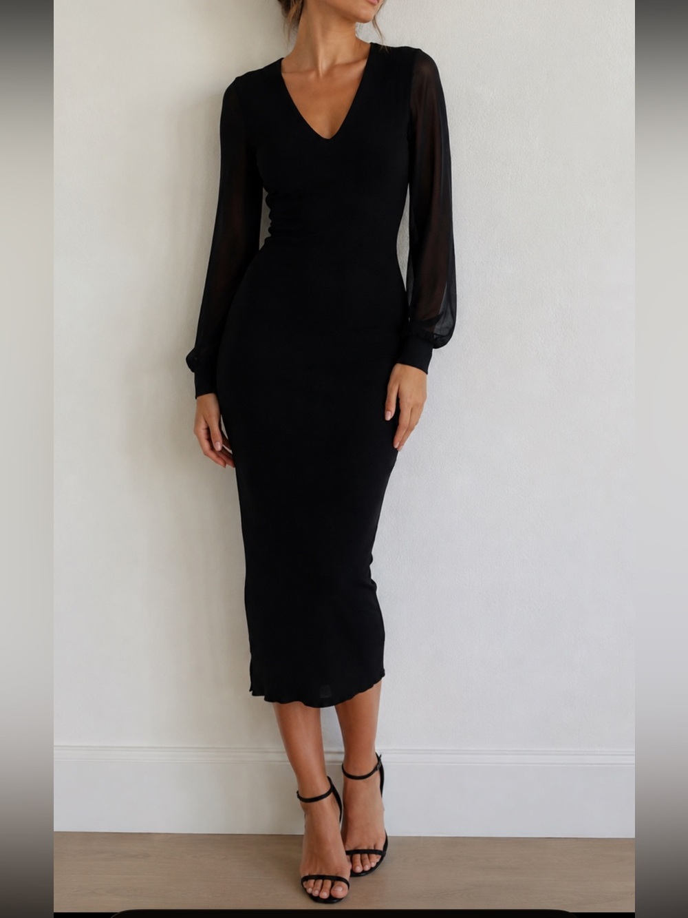 AllSaints Black Milo Knit Dress Wool Cashmere Sheer Long Sleeve V-Neck US 4